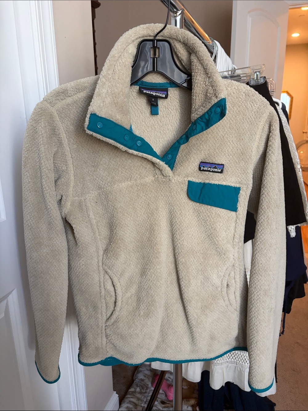 Patagonia Cream Sherpa Pullover with Teal Trim